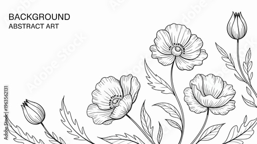 A delicate black and white botanical illustration features several poppy flowers in various stages of bloom with slender stems and leaves high quality professional detailed modern