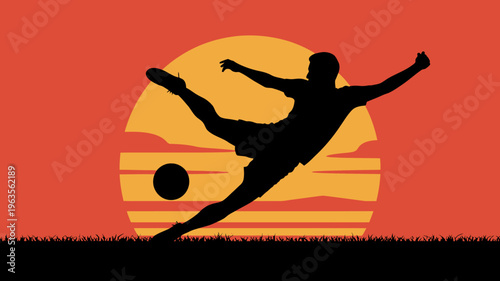 A silhouette of a soccer player dynamically kicking a ball against a vibrant orange and yellow sunset backdrop high quality professional detailed modern elegant stylish clean