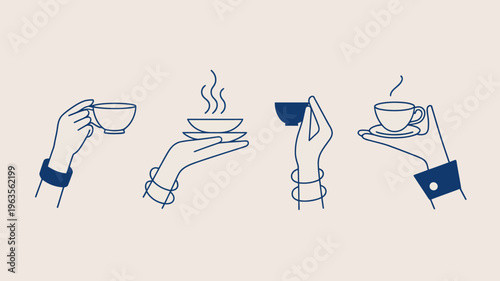 An illustration depicts four hands offering cups of steaming beverages likely tea or coffee in a minimalist linear style high quality professional detailed modern elegant stylish