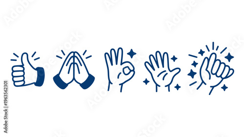 A collection of hand gestures is displayed in a row featuring diverse expressions of approval prayer and celebration high quality professional detailed modern elegant stylish clean