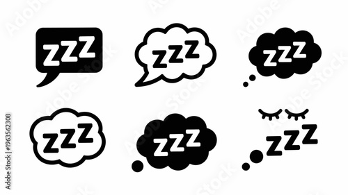 A collection of black and white icons depicting sleep and dreaming featuring speech bubbles and a closed eye face high quality professional detailed modern elegant stylish