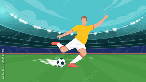 A soccer player in a yellow jersey kicks a black and white ball in a brightly lit stadium with blurred motion high quality professional detailed modern