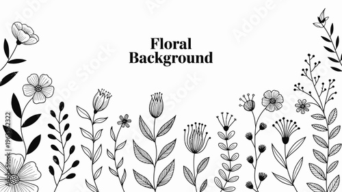A delicate black and white floral arrangement graces a white backdrop featuring various sketched wildflowers and leafy branches high quality professional detailed modern elegant stylish clean