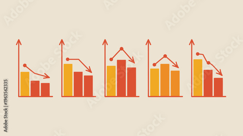 A series of five bar graphs demonstrate fluctuating trends with declining performance showing peaks and valleys in data representation high quality professional detailed modern elegant stylish