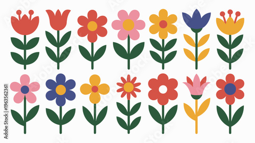 A colorful arrangement of stylized flowers with green stems is displayed against a clean white background showing various blooms high quality professional detailed modern elegant stylish