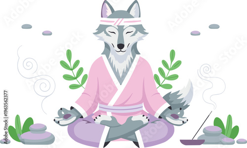Meditating Yoga Wolf Vector Illustration in Zen Pose Wearing Robe and Headband Surrounded by Incense, Stones, and Leaves on White Background for Relaxation and Wellness Design