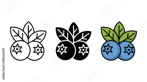 A simple illustration displays three variations of blueberries with leaves presented in outline solid black and blue color schemes high quality professional detailed modern elegant stylish
