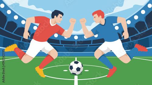 Two soccer players face off preparing to compete for possession of the ball on a vibrant green field high quality professional detailed modern elegant stylish clean