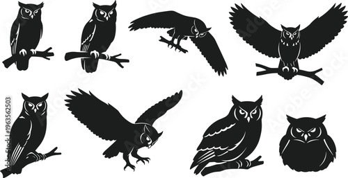 Owl Silhouette Vector Set Featuring Various Poses Including Perched, Flying, and Sitting Styles in Black Isolated on White Background for Wildlife and Nature Design