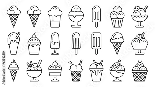 A collection of various ice cream treats are displayed in a simple black and white line art style showcasing different forms and presentations high quality professional