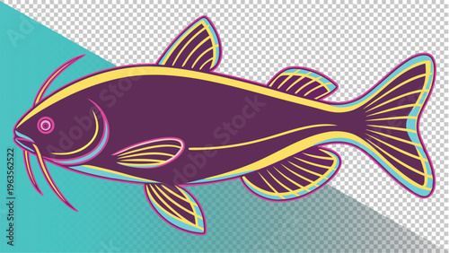 Stylized illustration of a dark purple catfish with yellow and blue accents, on a teal and grey background, vector graphic, sea life