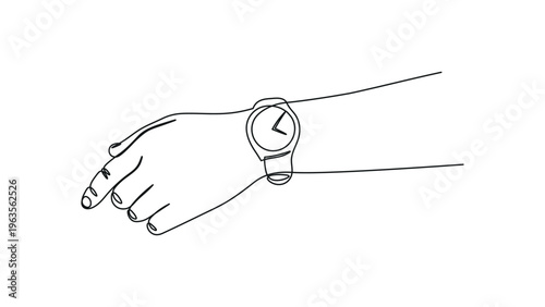 a simple line drawing of a left hand with a wristwatch on the wrist. the hand is drawn in a minimalist style with a continuous line. the wristwatch has a round face and a simple band.
