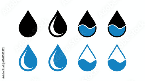 A collection of stylized water droplet icons is displayed showing variations in fill and shape suggesting different states of fluidity high quality professional detailed modern elegant