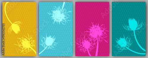 Carrot flower banners vector design. Abstract fluffy dandelions. Field flower buds symbolising couple in love. Healing plants illustration. Wedding invitation backgrounds.