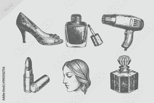 hand drawn Lipstick, heel shoe, perfume bottle, female face, hair dryer, nail polish in vintage sketch or wood cut style isolated vector realistic illustration