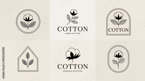 A collection of minimalist logo designs featuring cotton plant illustrations and the word cotton in varying styles high quality professional detailed modern elegant stylish clean crisp