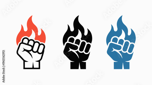 Three clenched fists are depicted each engulfed in flames of a different color red black and blue symbolizing power high quality professional detailed modern elegant stylish