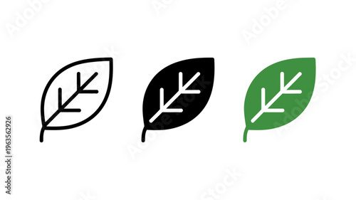 Three stylized leaf icons are displayed one black outline one solid black and one vibrant green all with similar vein structures high quality professional detailed modern