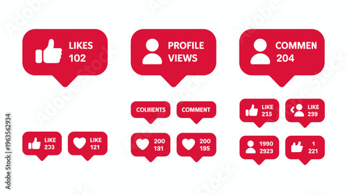 A collection of red speech bubbles displays social media interaction icons including likes comments profiles and view counts high quality professional detailed modern elegant stylish clean
