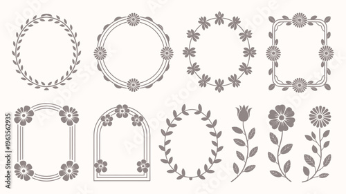 A collection of delicate floral frames and botanical elements are displayed in muted brown tones offering versatile design options high quality professional detailed modern elegant stylish