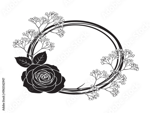 Romantic rose and baby breath frame silhouette with delicate bridal bouquet design