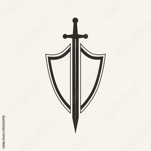 Outline Shield with Sword Minimalist Wall Art, Protection Symbol Poster, Spiritual Strength Concept, Neutral Aesthetic Decor, Modern Minimal Line Illustration