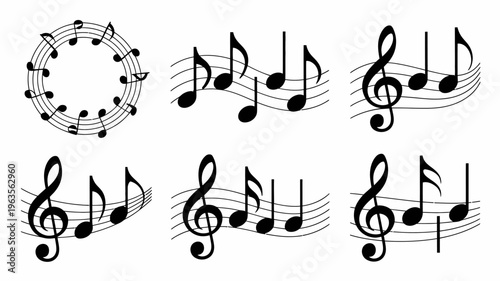 A collection of black musical notes and symbols including treble clefs arranged in circular and linear patterns high quality professional detailed modern elegant stylish clean crisp