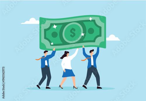 Flat illustration of business people carry dollar banknote salary investment economic value inflation tax