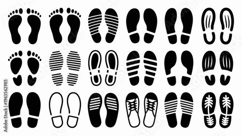 A collection of black footprints and shoe prints are displayed on a white background showcasing diverse sole patterns and designs high quality professional detailed modern elegant