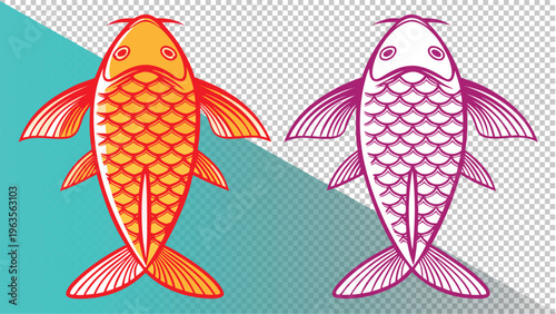 Two stylized koi fish, one orange and one purple outline, on, graphic design, hand drawn, line art, transparent background, isolated on white, no background