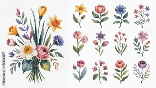 A vibrant collection of watercolor floral illustrations showcasing various blooms and foliage in a visually appealing arrangement high quality professional detailed modern elegant stylish clean crisp