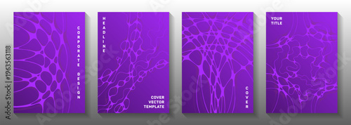 Machine learning idea abstract vector covers. Crossed curve lines tissue backgrounds. Delicate title page vector templates. Engineering cover pages graphic design set.