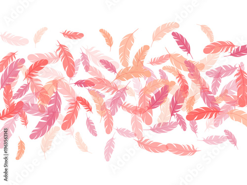 Paradise pink flamingo feathers vector background. Plumage glamour fashion shower decor. Decoration confetti of carnival plumelet. Detailed majestic feather on white design.