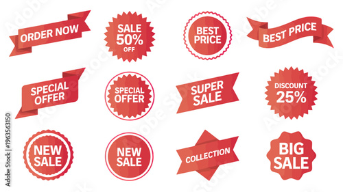 A collection of vibrant red promotional ribbons and circular badges displaying sale offers discounts and special pricing information high quality professional detailed modern elegant stylish clean