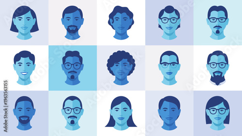 A grid displays twelve diverse portraits of individuals each represented in a flat blue toned illustrative style high quality professional detailed modern elegant stylish clean crisp