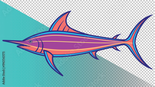 Stylized marlin swordfish illustration, colors, isolated on a graphic background, vector art for marine life and ocean themes, sport fishing