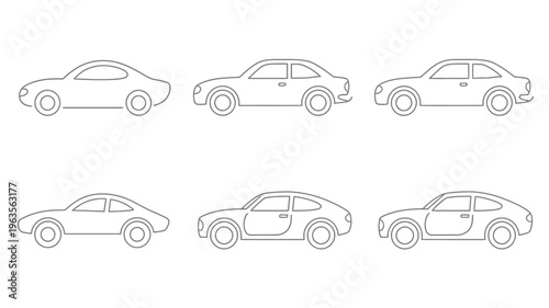 A series of six outline illustrations depict vintage sports cars from a side profile showcasing their evolving designs high quality professional detailed modern elegant stylish clean