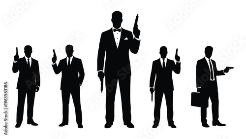 Silhouettes of men in suits holding guns