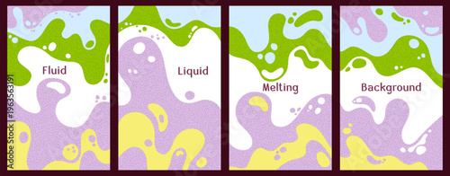 Melting dynamic waves pattern summer covers. Bubble splashes and streams vector pack box covers. Fluid liquid flowing paint backgrounds. Wavy surface posters. Liquid droplets, melting shapes