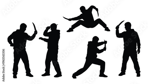 Silhouette of five people performing martial arts with swords