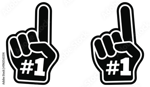 Two black foam fingers with vector printed on them, symbolizing victory and success.