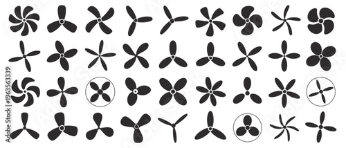 Collection of black fan blade icons in various styles and configurations.