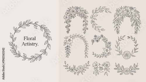 An assortment of delicate hand drawn floral wreaths and garlands are displayed against a light beige backdrop showcasing botanical artistry high quality professional detailed modern elegant