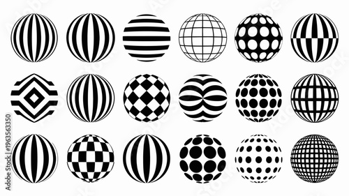 A collection of fifteen black and white spherical designs exhibiting diverse patterns like stripes checks and geometric arrangements high quality professional detailed modern elegant stylish clean