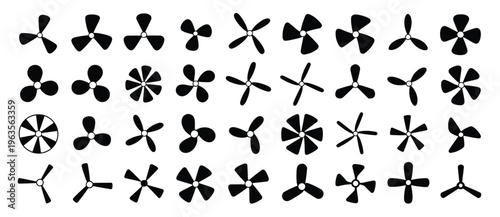 Assortment of black propeller and fan icons on a white background