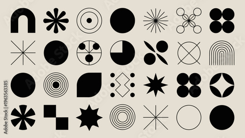 An abstract arrangement displays various geometric shapes and lines in black against a neutral beige background high quality professional detailed modern elegant stylish clean crisp vibrant