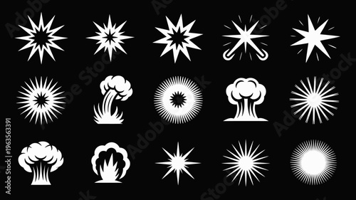 A collection of white starburst shaped explosion and impact effects are displayed against a solid black background varying in style high quality professional detailed modern elegant