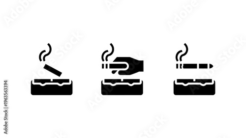 A series of three black silhouette icons depicts a cigarette being lit and smoked in an ashtray high quality professional detailed modern elegant stylish clean crisp