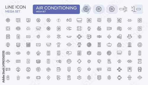 Mega set of line icons for air conditioning, climate control, and related technology elements.