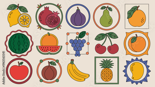 A colorful illustration depicts a variety of fresh fruits arranged in geometric shapes and frames showcasing a vibrant botanical collection high quality professional detailed modern elegant